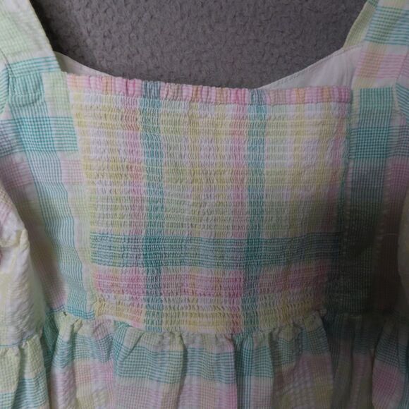 Old Navy Top 2X Multicolor Square Neck Checked Seer Sucker Puffy Short Sleeves - Picture 5 of 11